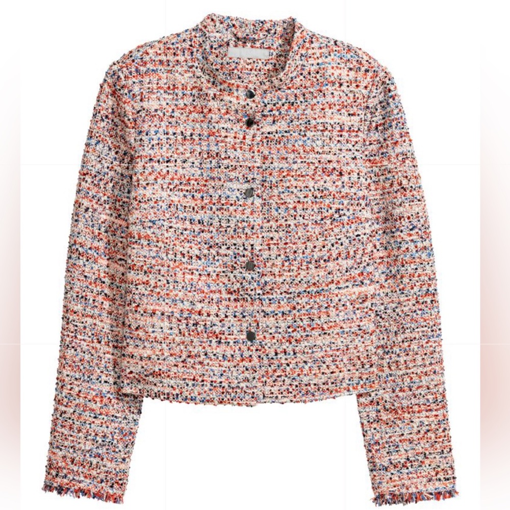 H&M Orange Multicolored Textured Weave Frayed Jacket Size 6